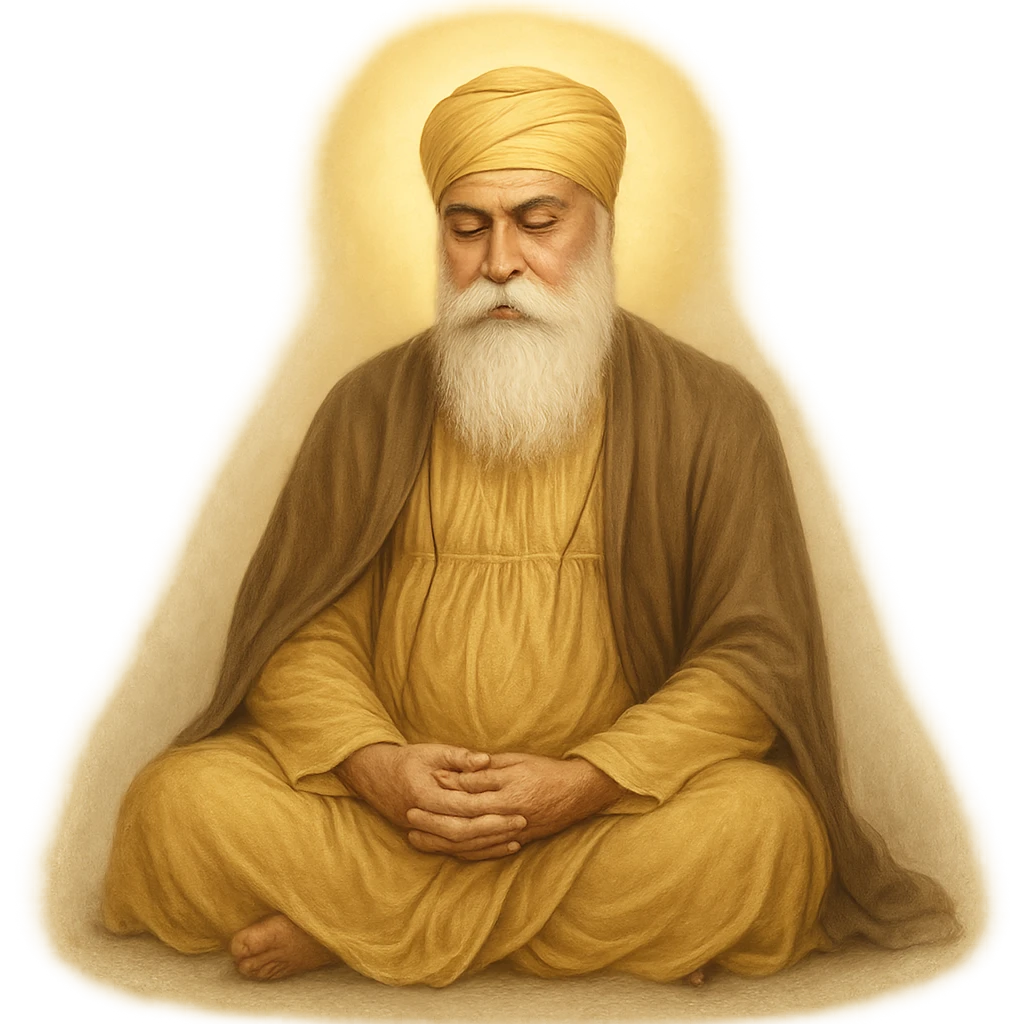 Guru Nanak Dev Ji, seated in meditation, serene face, wearing turban and simple robes, surrounded by soft glow, respectful and spiritual style emoji