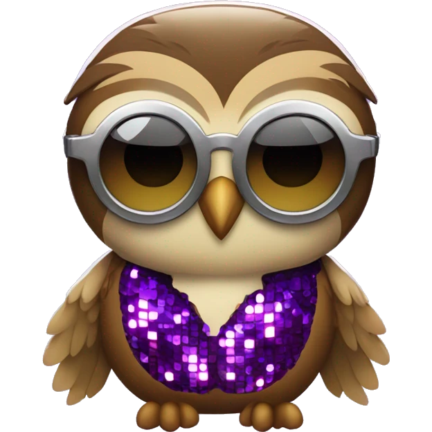 a rowlet brown owl emoji with sunglasses and a purple sequence disco outfit on emoji