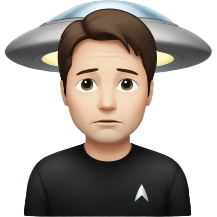 Mulder from the x-files looking very very worried (not trusting anyone today) while wearing a dark t-shirt. A beam of light from a UFO illuminates him emoji