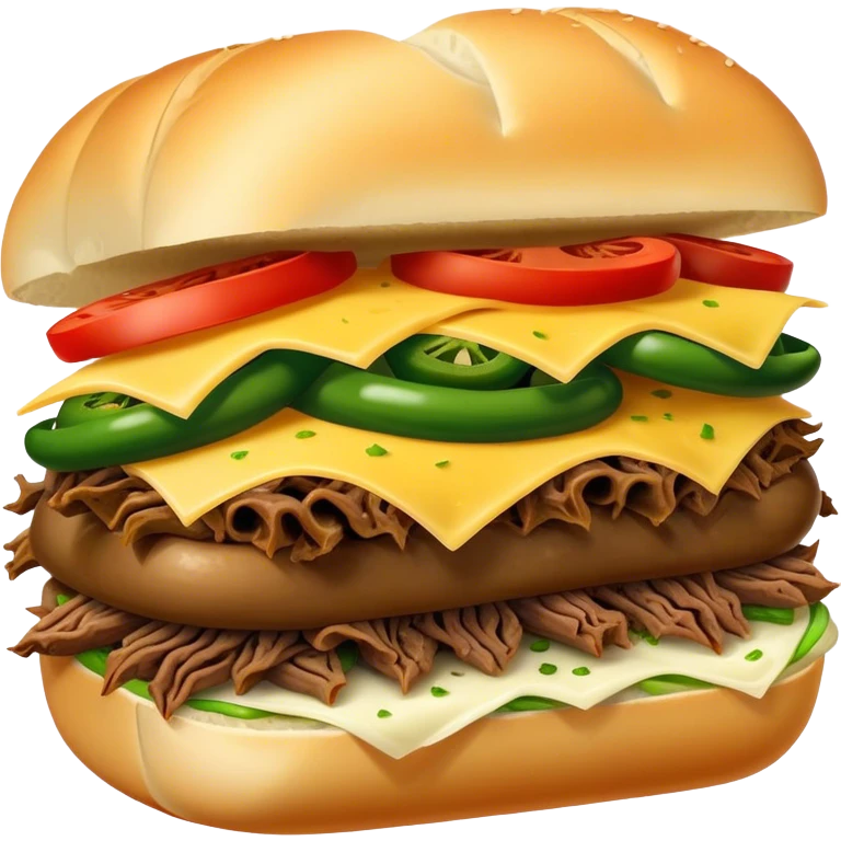 Chicago Italian cheesy beef sandwich. Italian bread, shredded beef, white provolone cheese, green peppers. emoji