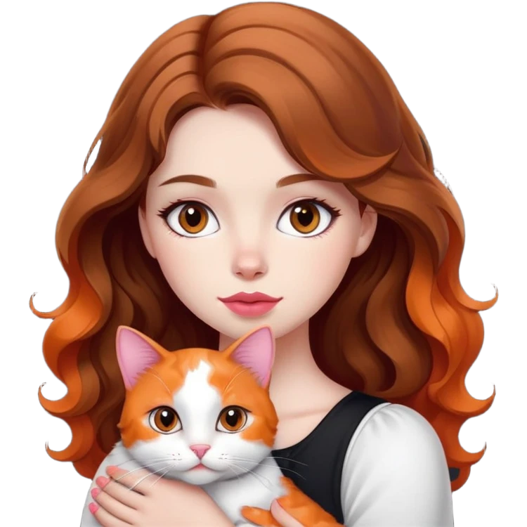A girl with wavy brown hair and white has medium round eyes and medium pink lips that embrace her calico in orange, black and white color emoji