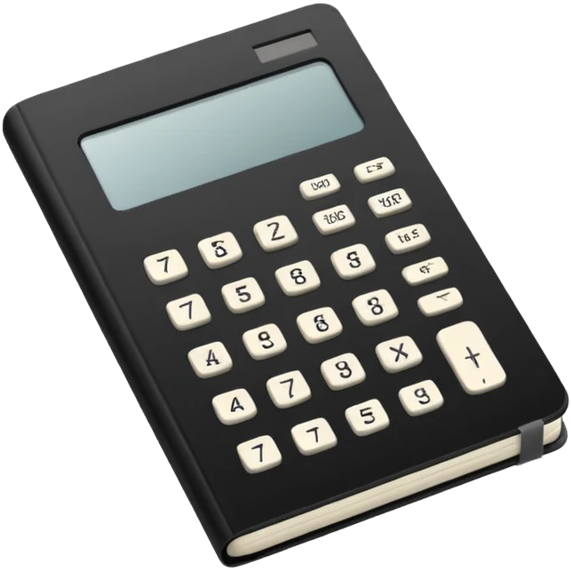 Minimalistic flat vector icon, iOS style, thin black contour on white background. Small black notebook with visible binding, placed next to a calculator. Clean, modern, no text, no shadows. emoji
