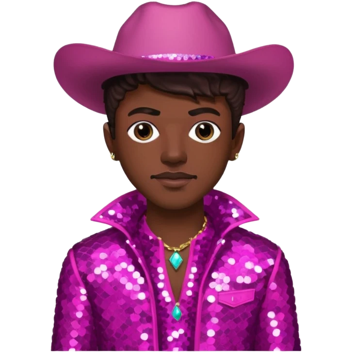 Lil Nas X with dark brown hair, dark pink sequin outfit emoji