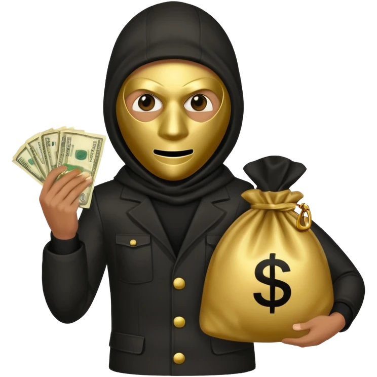 Robber emoji holding a 💰 wearing a mask that is made of robber suit without showing his hand the 💰 need to be in the left without is showing hands emoji
