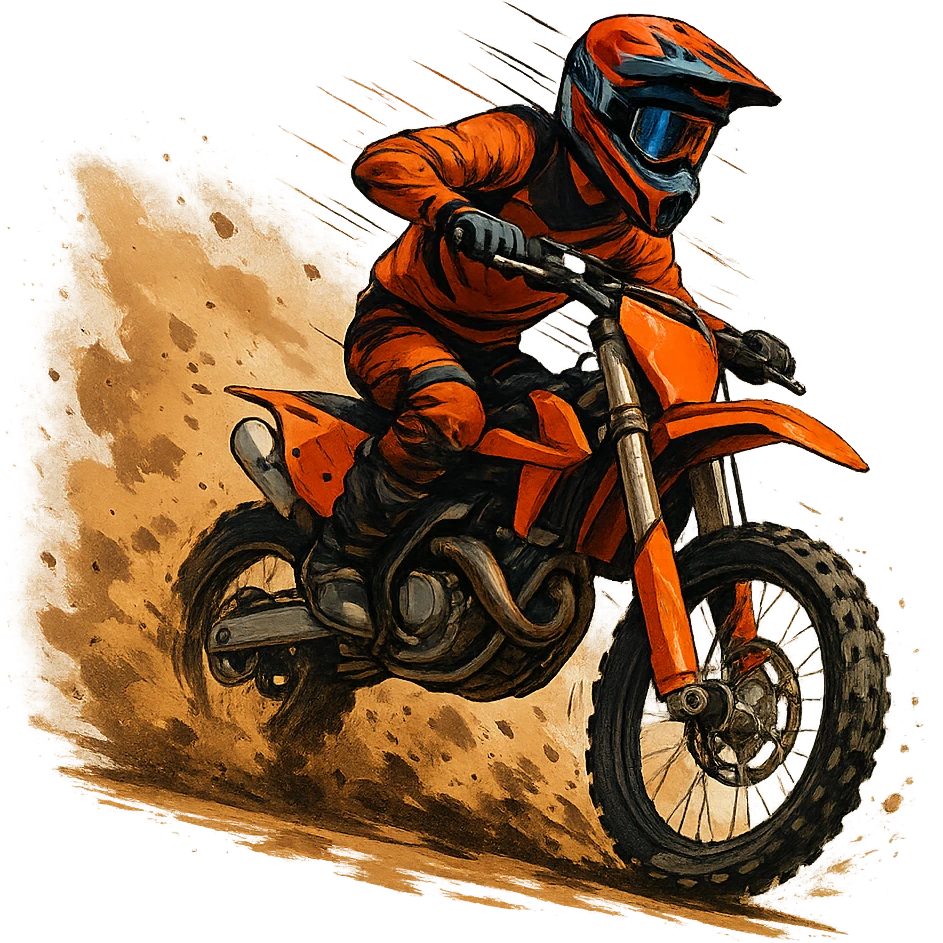 dirt bike racer, dynamic action, dust flying, helmet, energetic, modern style emoji
