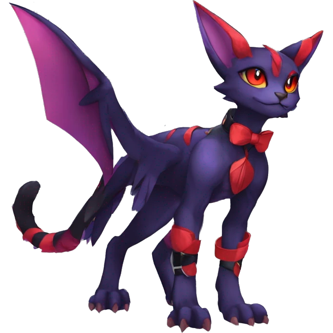 cool anthro edgy black purple red ethereal fantasy nargacuga-Noivern-cat-Fakemon collar harness bow tie and bracers full body emoji