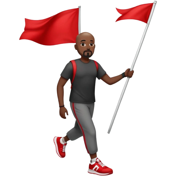 Bald black man with a white goatee in sneakers carrying a red flag emoji
