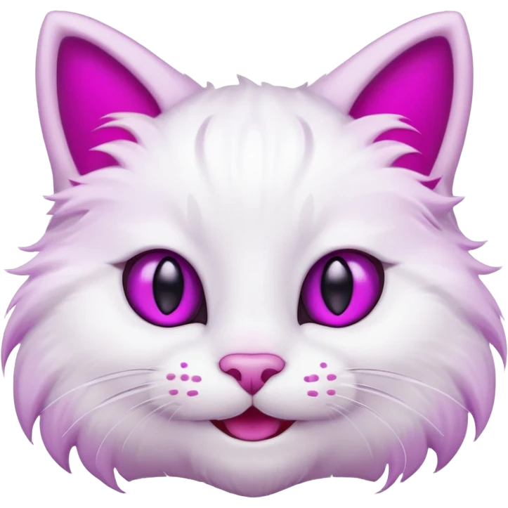 White cat smiling with teeth showing, pink inner ears, magenta purple eyes emoji