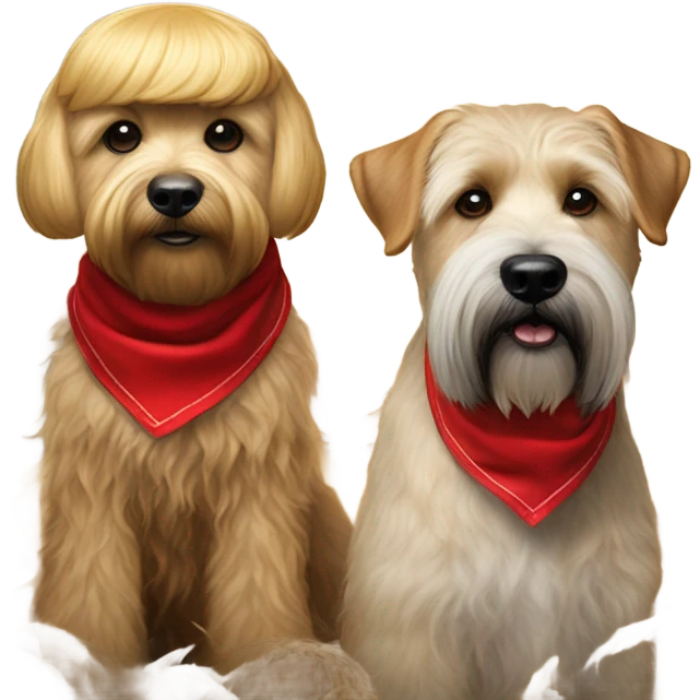 Realistic looking President Donald trump with a wheaten terrier wearing a red bandana emoji