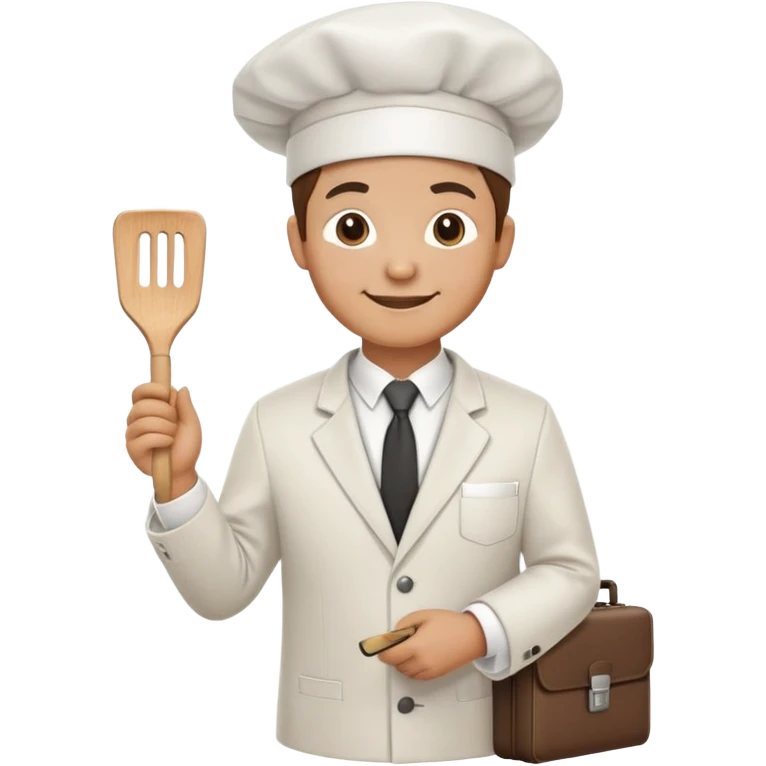 Chef wearing a suit and tie with a chef hat, holding a spatula in one hand and a briefcase in the other, friendly smile emoji