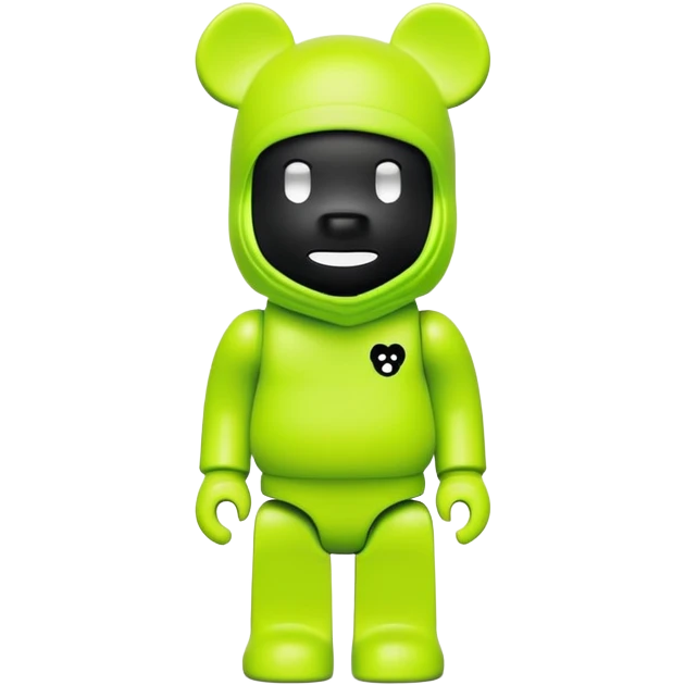 bearbrick toy wearing a neon lime green balaclava with a small black logo emoji