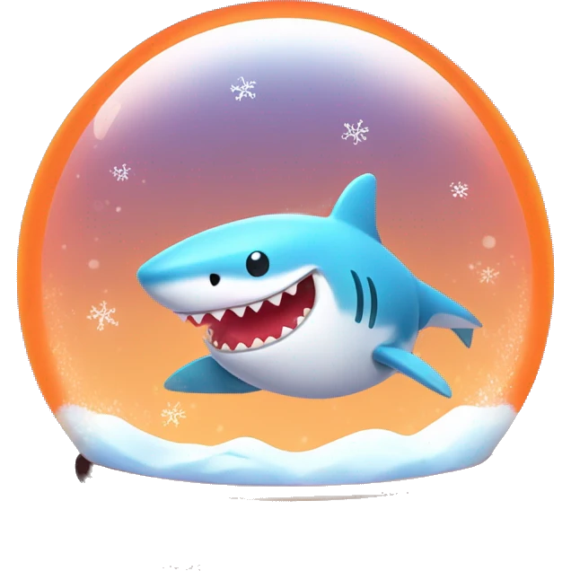 Kawaii neon orange cute shark in a magic snow globe  emoji