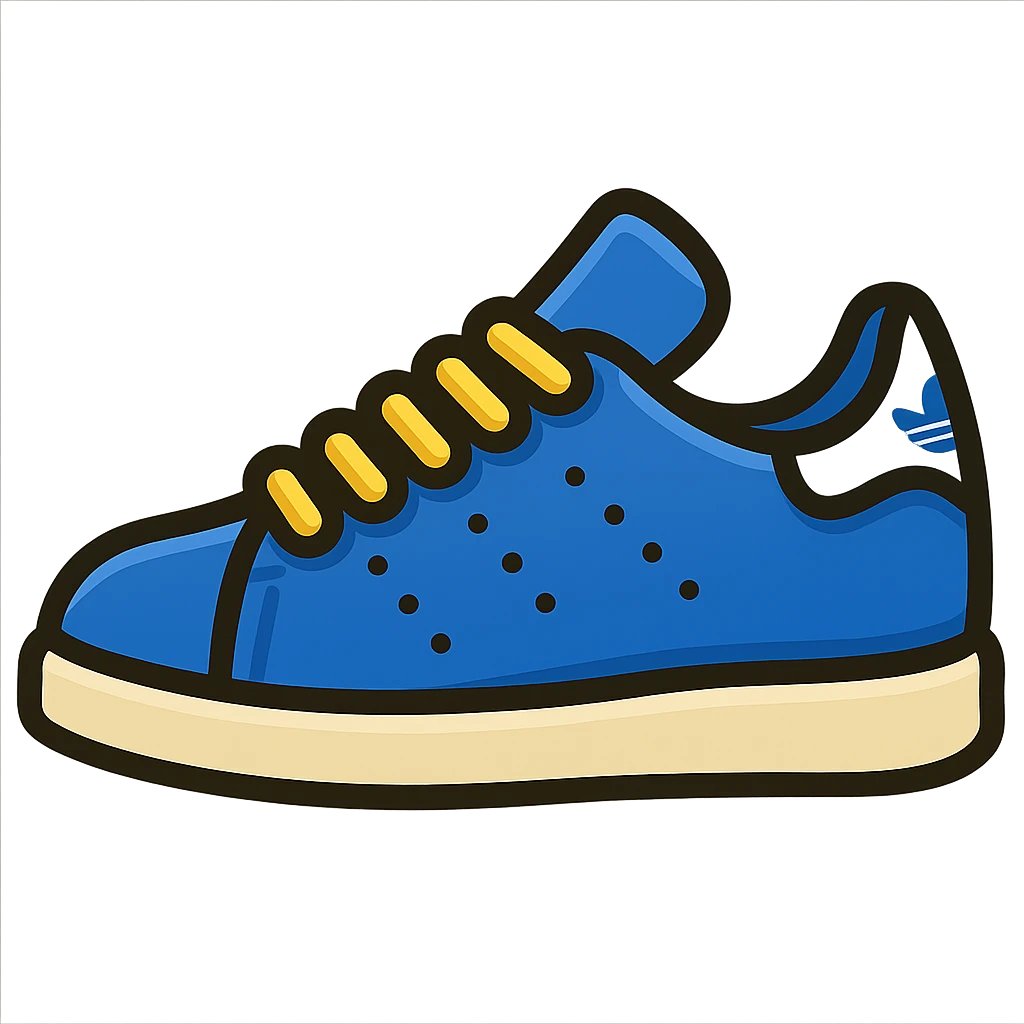 Add visible laces detail to the blue adidas Stan Smith with white sole in emoji style with no background. emoji