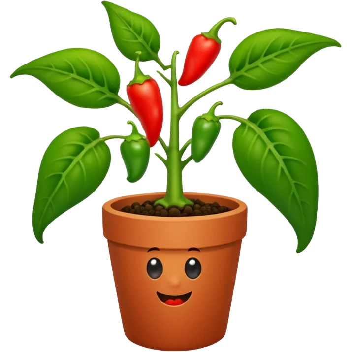 Potted green pepper plant with small red peppers growing on it emoji
