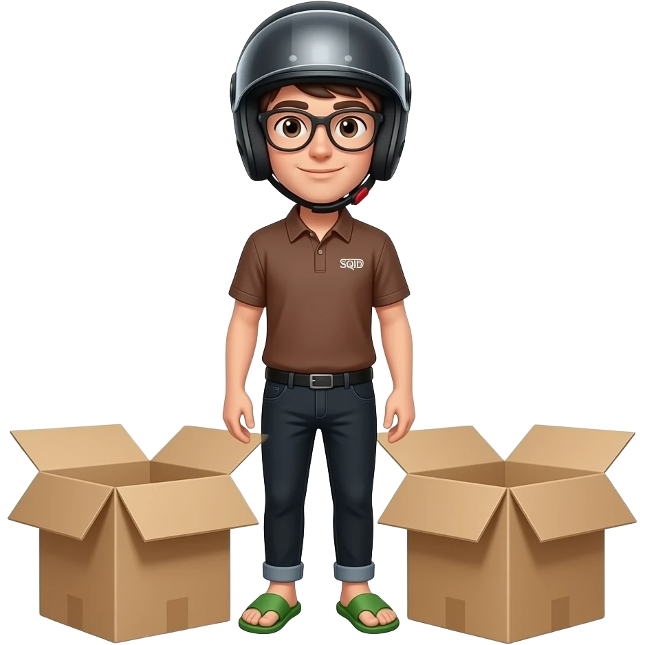 young man with black jeans and a brown shirt with SQID written on it wearing a black motorcycle helmet and green slippers standing behind 2 boxes emoji