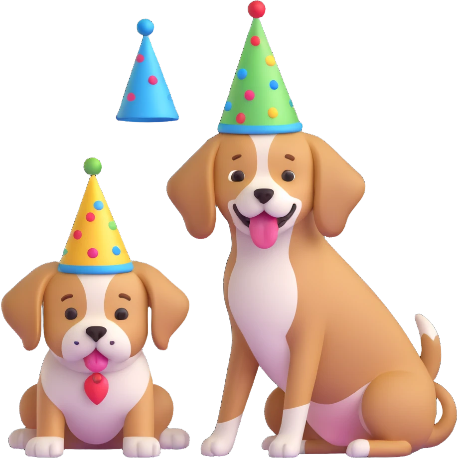 boy and his dog at party with party hats emoji