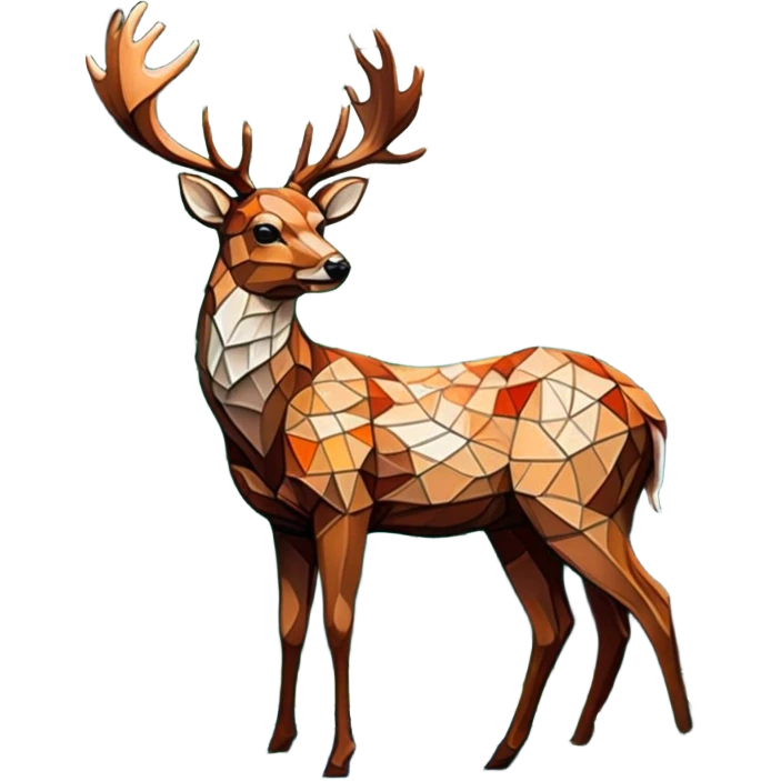 Mosaic art icon, colorful tiles forming an image of a deer in the forest, lush trees and nature elements, intricate tile patterns, detailed forest background, minimalistic style, clean lines, transparent background. emoji