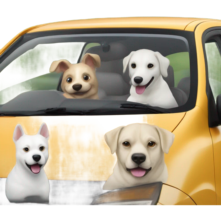 6 dogs in a Prius sticking their heads out of the window with a bald man in his 50’s who likes adventure driving the car emoji