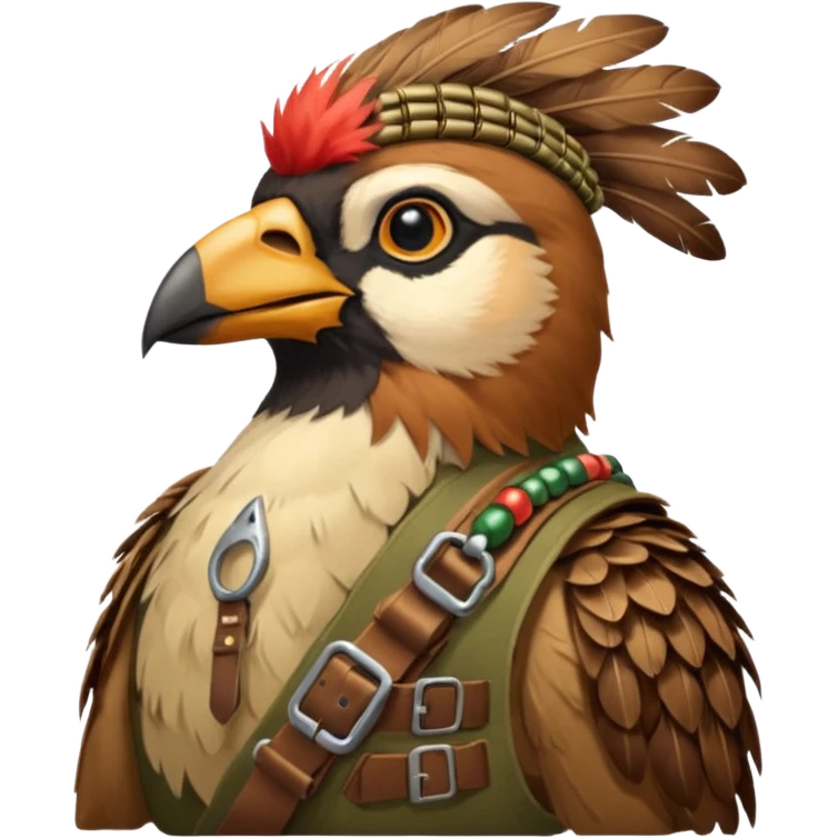 A bird bombadier, bandolier of grenades, side profile, forest critter emoji