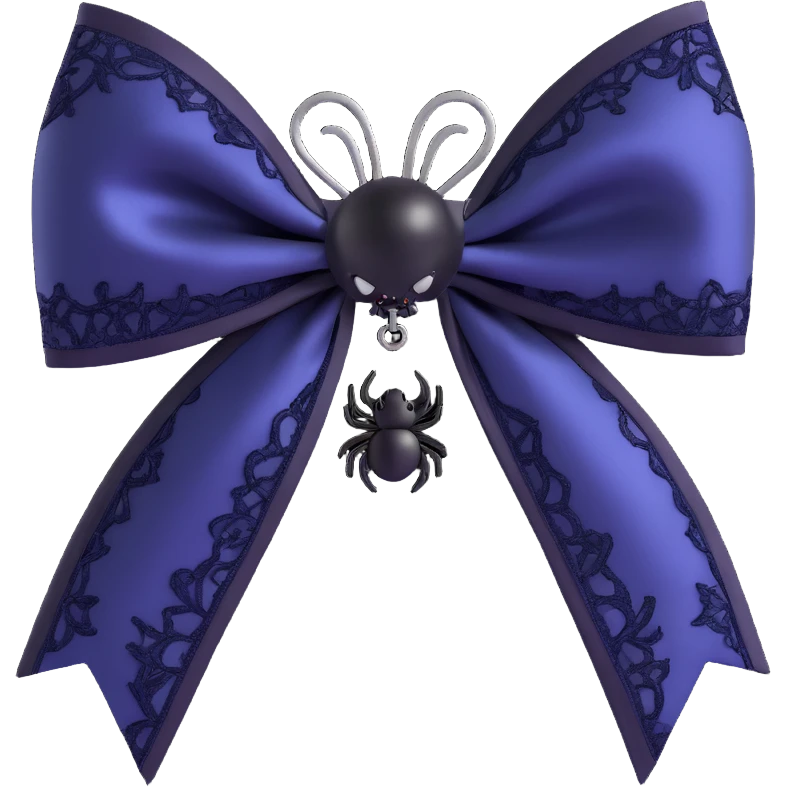 3D emoji gothic bow, dark indigo satin, black lace overlay, silver spider charm, moody and elegant emoji