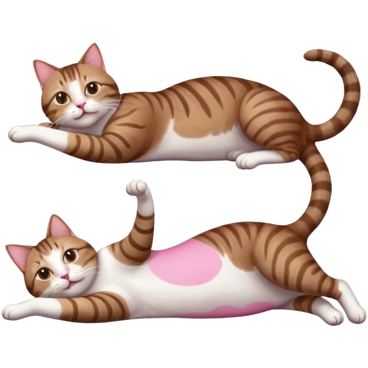 brown tabby and white cat with doing a big extremely long stretch reaching up into the air with arms and legs side by side together straight and overextended whilst lying on its side emoji