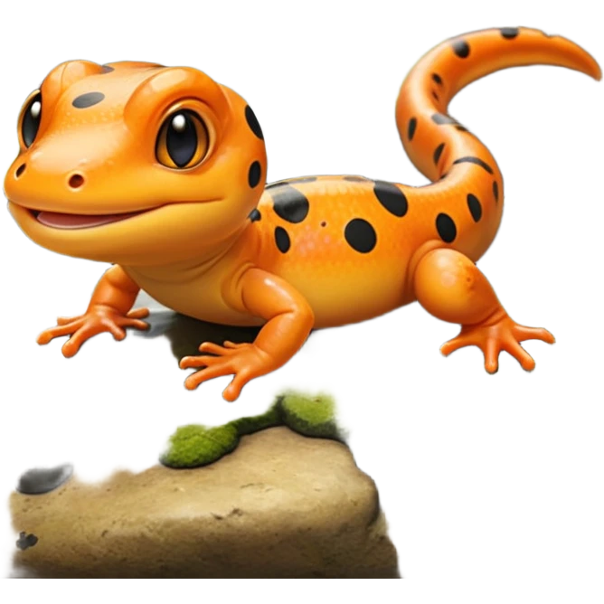 A 3D cartoon salamander on a mossy rock, orange and black spots, smooth shiny skin, small smiling face, soft realistic lighting, Memoji-style look. emoji