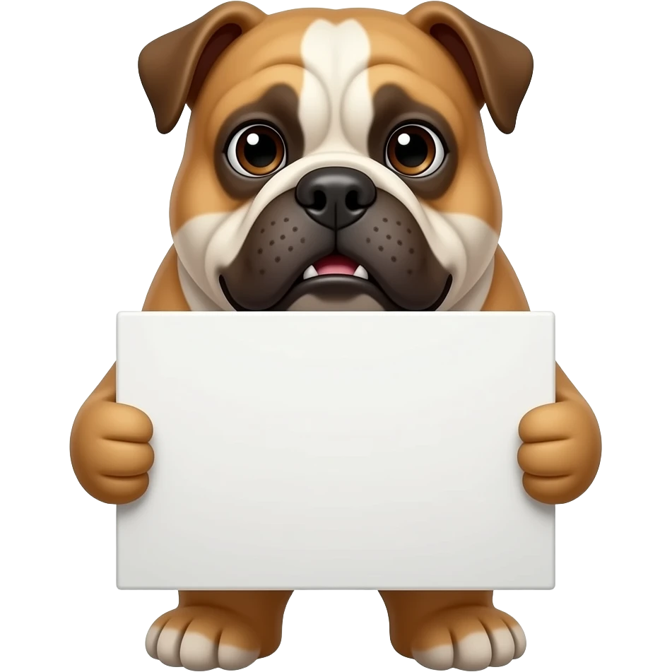 um buldogue segurando uma placa branca com a boca emoji