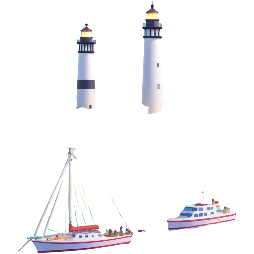 highly detailed, realistic 3D icon of the Provincetown, MA skyline featuring the Pilgrim Monument, Boatslip Resort, Provincetown Inn, Race Point Lighthouse, and Provincetown Pier with accurate and realistic architectural details, bright lighting, isolated on transparent background emoji