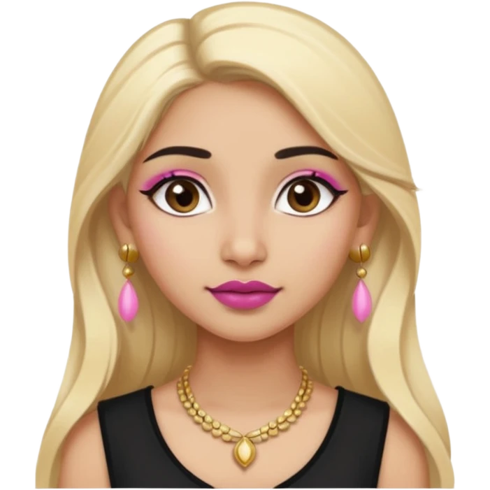 Sweet Indian girl blond long hair darkbrow  eyes brown/pink lipstick blush, black top gold earrings brown eyebrows  emoji