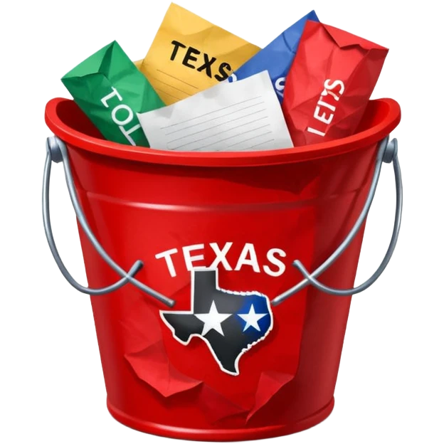 black bucket red texas on front with a bunch of names written on pieces of paper inside of it emoji