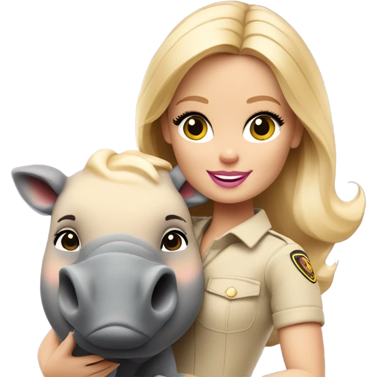 Blonde zookeeper Barbie with brown eyes, long shiny blonde hair, with a baby rhinoceros emoji