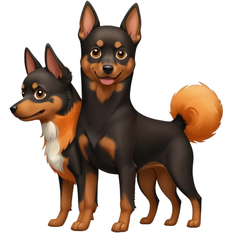 Doberman Pinscher and Pomeranian Spitz standing side by side. The Doberman has a sleek black and tan coat with alert ears, while the Pomeranian has a fluffy orange coat and a joyful expression. Beautiful natural background, with a clear blue sky and green grass. Transparent background. emoji