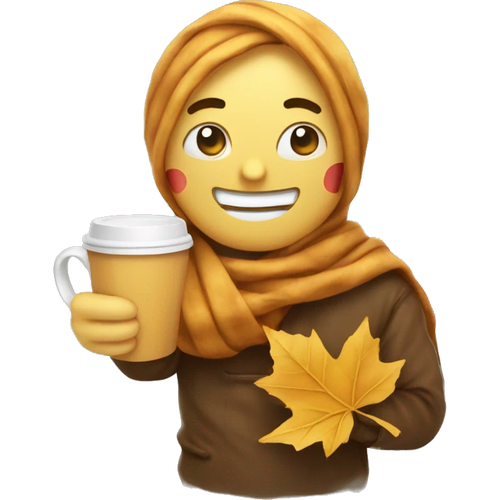 Smiling holding back tears emoji with scarf holding coffee and fall leaf emoji
