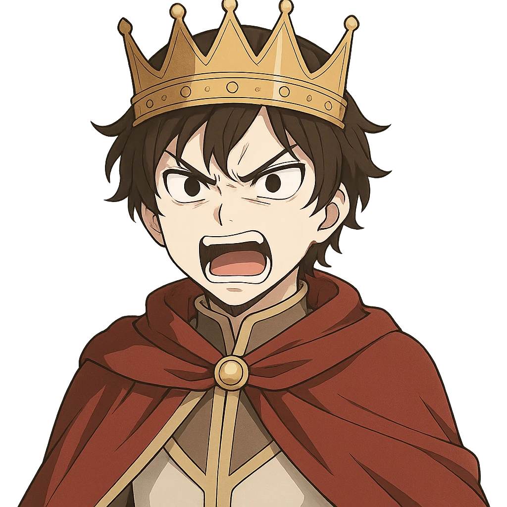 furious prince with crown, white complexion, black eyes, dark brown hair, anime style emoji