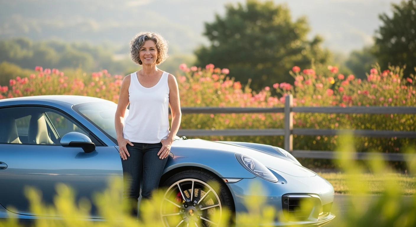 A portrait of a white person next to porsche 911 in the foreground, blurred plants in the foreground, a wooden fence and colorfull flowers in the midground, rolling hills in the background, cinematic depth of field, layered composition, natural lighting emoji