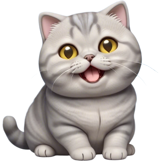 Cinematic Cute Chubby Grey Munchkin Scottish Fold Cat Portrait Emoji, Adorable folded ears and tiny, stubby legs making it irresistibly cute, round and plump body, head tilted playfully and yawning, sleek soft grey fur with subtle blue undertones, big, sparkling yellow eyes, Simplified yet adorable features, highly detailed, glowing with a warm, friendly glow, high shine, curious yet calm, stylized with a touch of whimsy, bright and endearing, soft glowing outline, capturing the essence of a mischievous yet loving and lazy kitty with its signature folded ears and tiny legs, so cute it feels like it could stretch out of the screen and cuddle! emoji