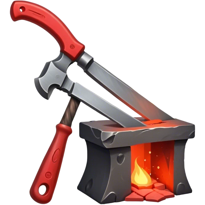 Blacksmithing icon, forged metal piece being shaped with hammer and anvil, glowing red-hot metal, blacksmith tools like tongs and chisel, sparks flying, minimalistic style, clean lines, transparent background. emoji