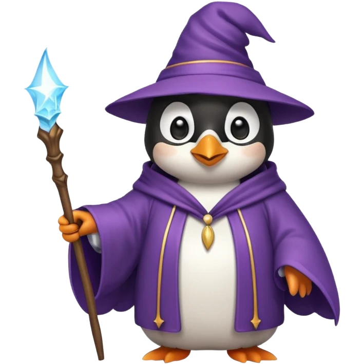 cute penguin wizard casting a spell, wearing a robe and holding a wand emoji