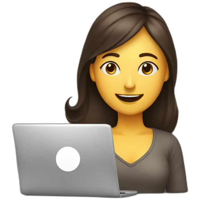 smiling woman eyes closed behind a laptop and a large coffee mug. emoji