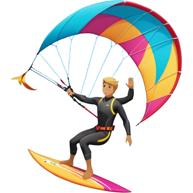 A kitesurfer soaring through the sky, harnessing the wind on a bright, colorful kite. The scene shows the surfer gliding over the water with the kite above, emphasizing the freedom, speed, and thrill of the sport in a dynamic coastal setting. emoji