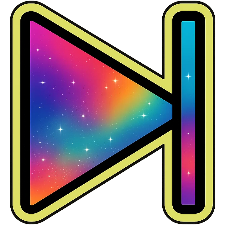 two right-pointing triangles or right-pointing triangle with vertical line next symbol, vibrant moving galaxy colors, yellow or green neon glow border emoji