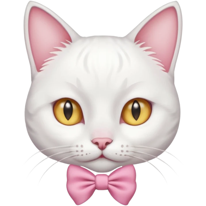 white cat sitting and she has a pink small bow on her right ear,she has golden eyes,she's fully white,even her ears,the only color is the pink small bow on her right ear,the cat is small emoji
