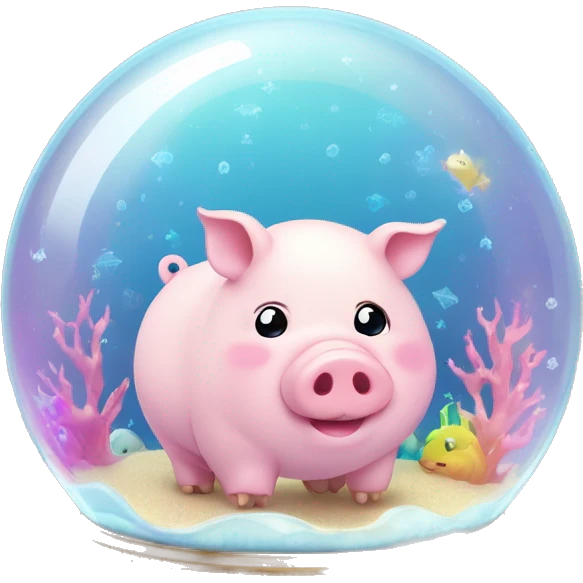 Kawaii rainbow pastel fat little magic pig in an under the sea snowglobe  emoji