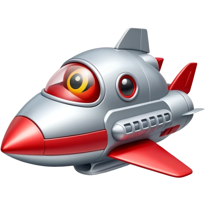 A silver and red toy spaceship with big eyes and a smiling face emoji
