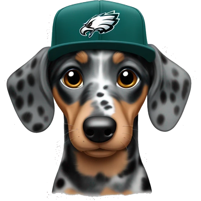Miniature Blue Merle  Light Tri Brown Black and Gray Spotted Dachshund wearing Philadelphia Eagles Hat with C on it emoji