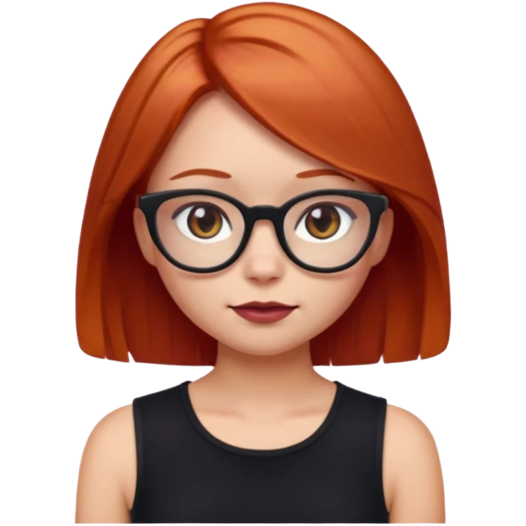 iPhone emoji of a girl with light red hair, shoulder-length hair, a small mole above her right eyebrow, wearing a black sleeveless top, and subtle dark maroon cat-eye glasses. emoji