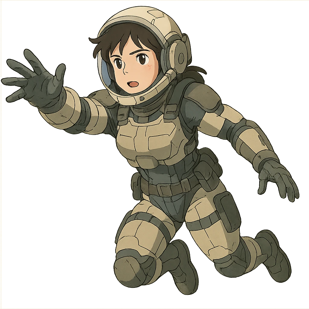 a tactical female space warrior floating in zero-g EVA operations, reaching in front of her emoji