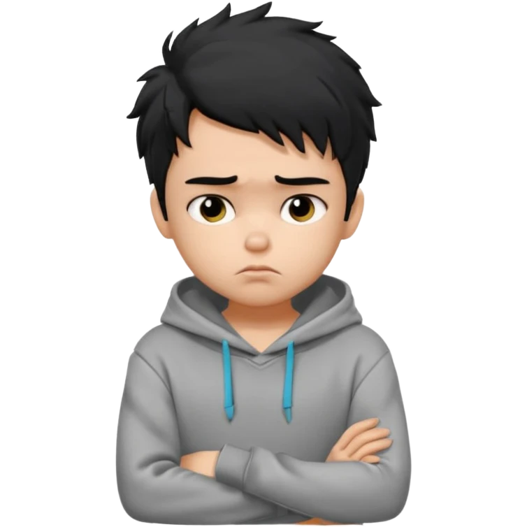 generate a pretty fair bratz boy with black messy hair looking sad with one hand on chin.  Wearing a grey hoodie emoji