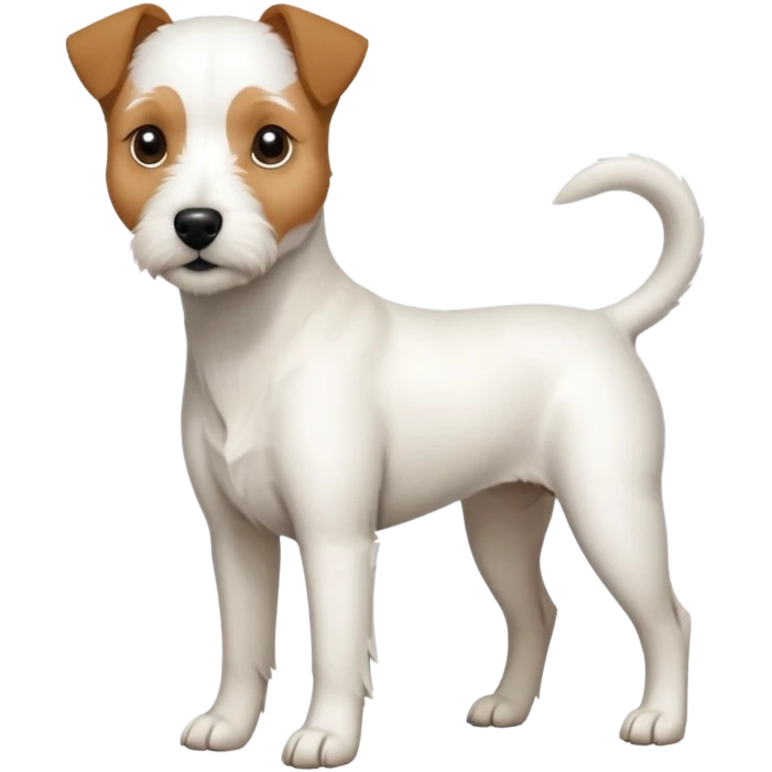 a full body slightly chubby white parson russell terrier looking dog the size of a kelpie with light brown long ears and a light brown patch on one eye and a large snout emoji