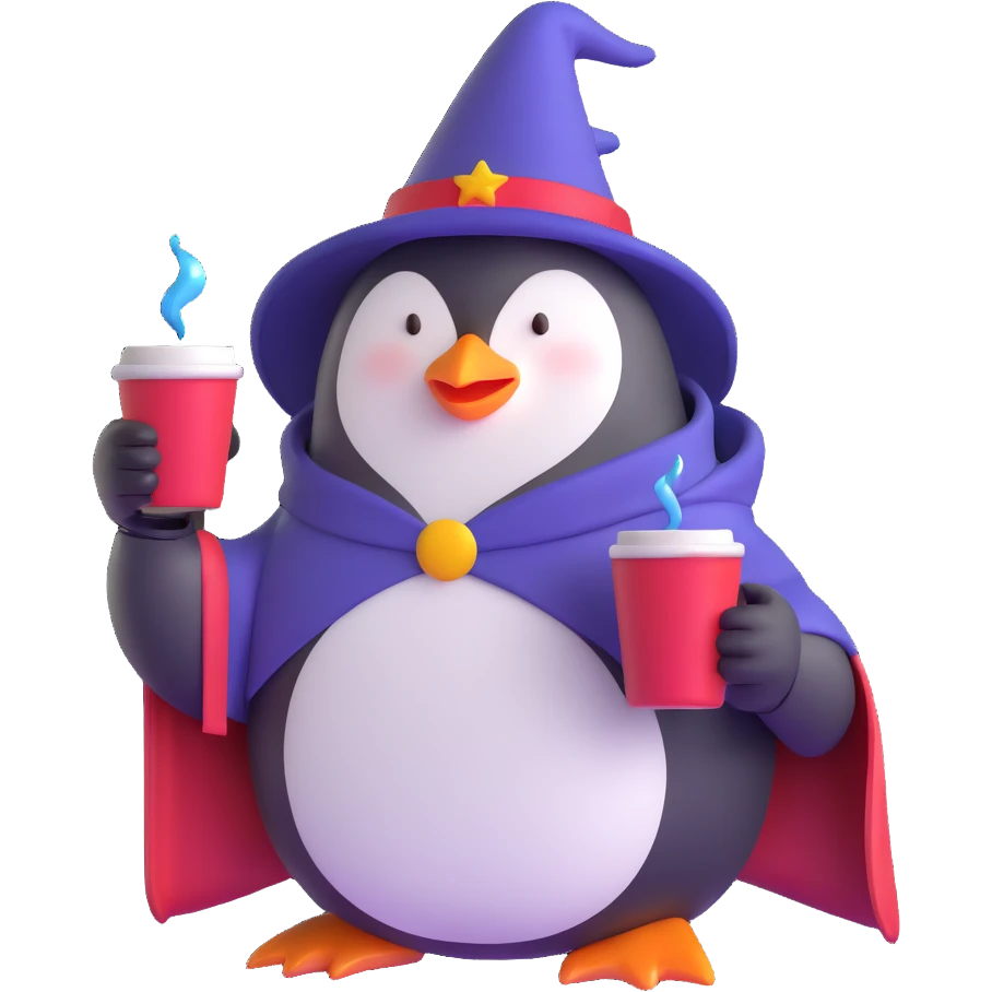 Penguin wizard drinking coffee while using iPhone emoji